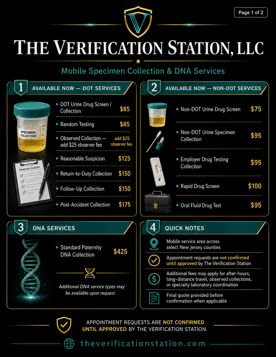 The Verification Station public price list page 1 with DOT, non-DOT and DNA pricing