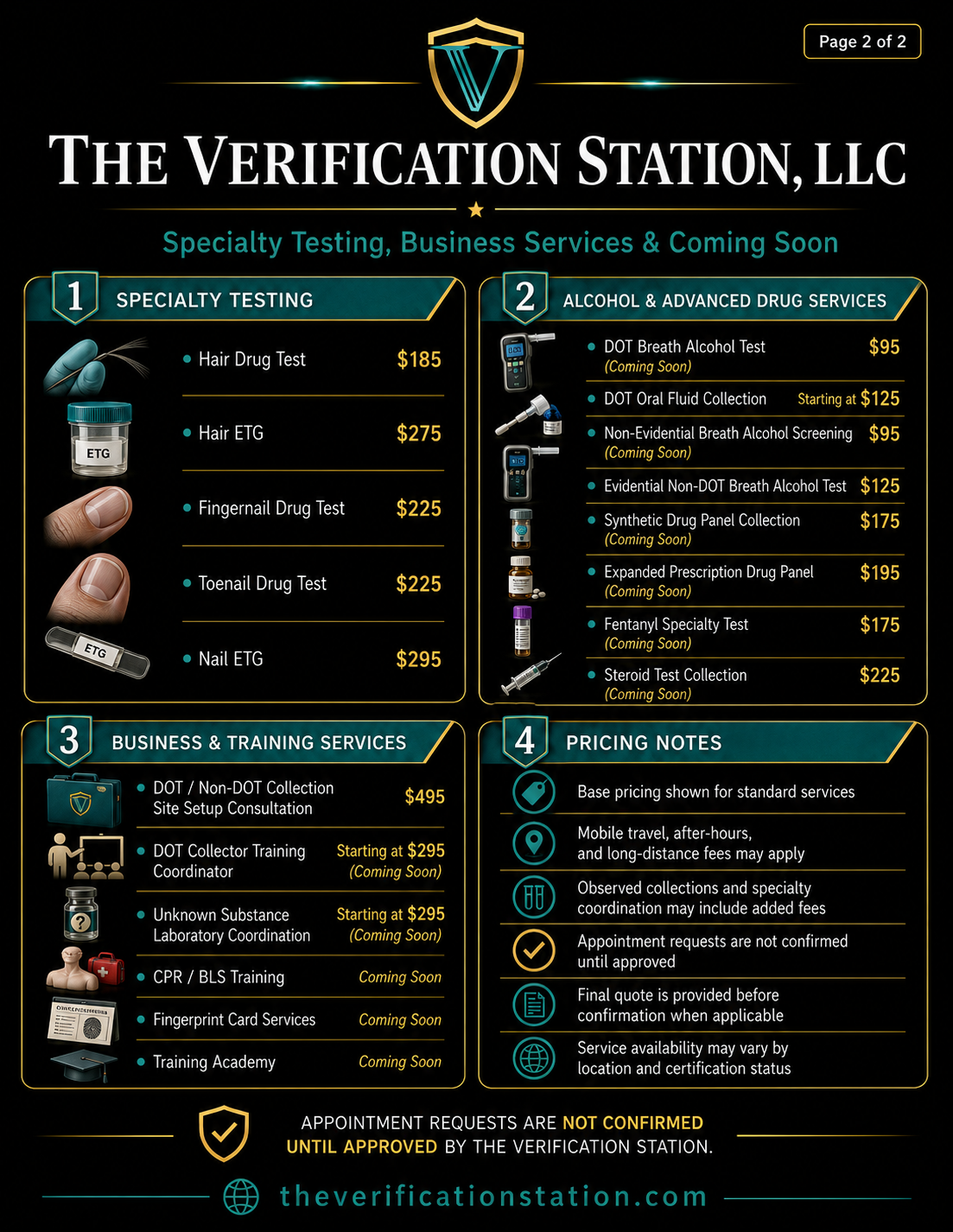 The Verification Station price list page 2 showing specialty and planned coming-soon services
